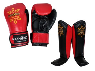 Kanong Cow Skin Leather Boxing Gloves + Shin Pads : Red/Black